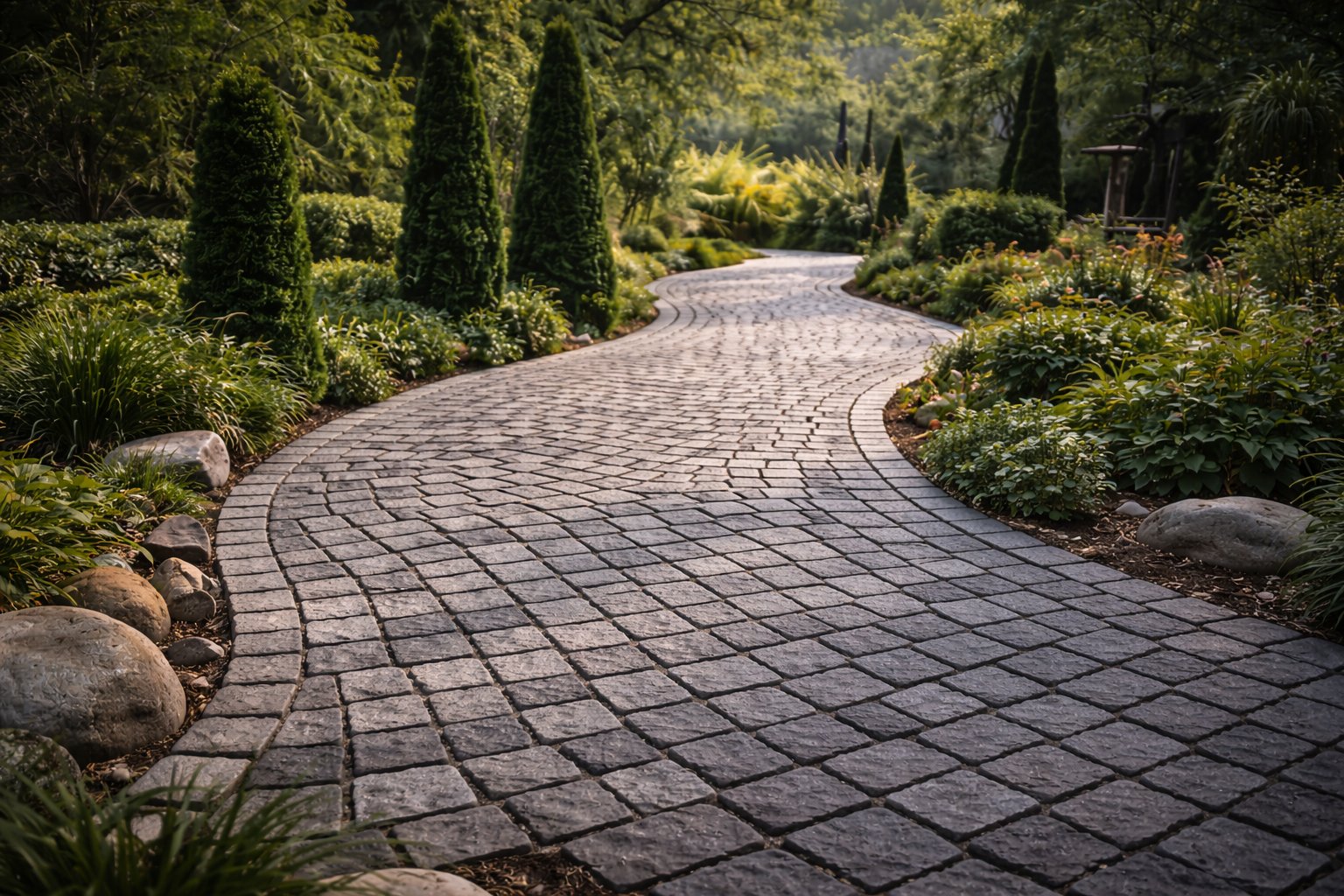 Alee sinuoasă din piatră cubică în grădină