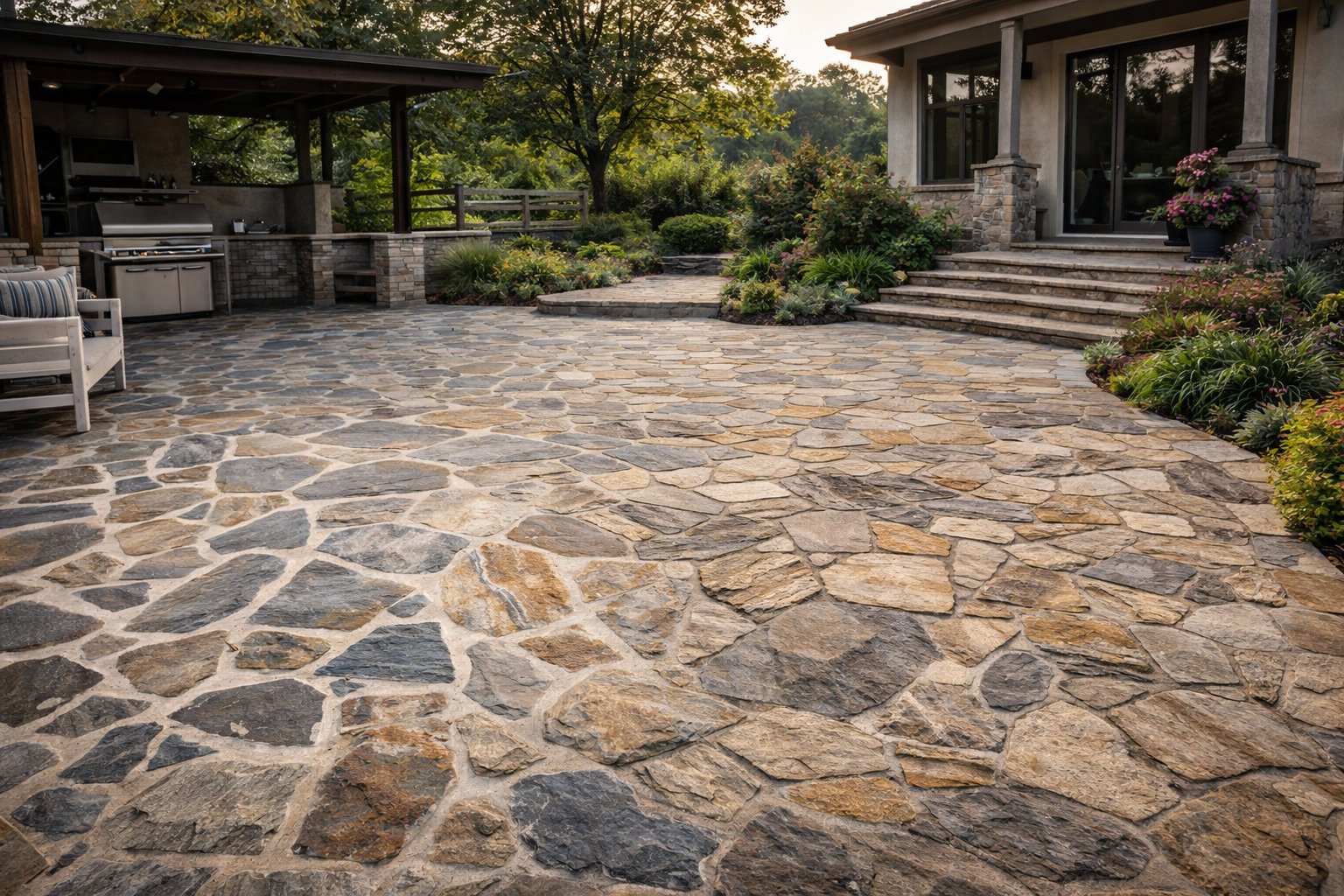 Curte completă amenajată cu piatră naturală