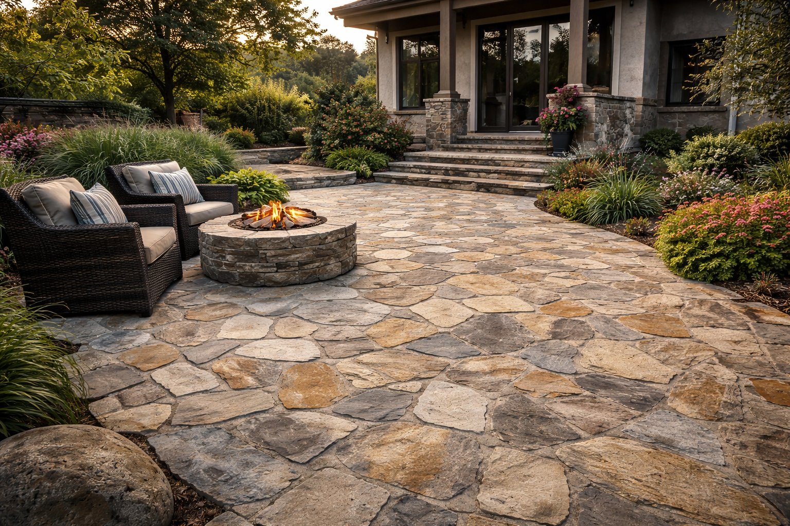 Terasă cu loc de foc din piatră naturală