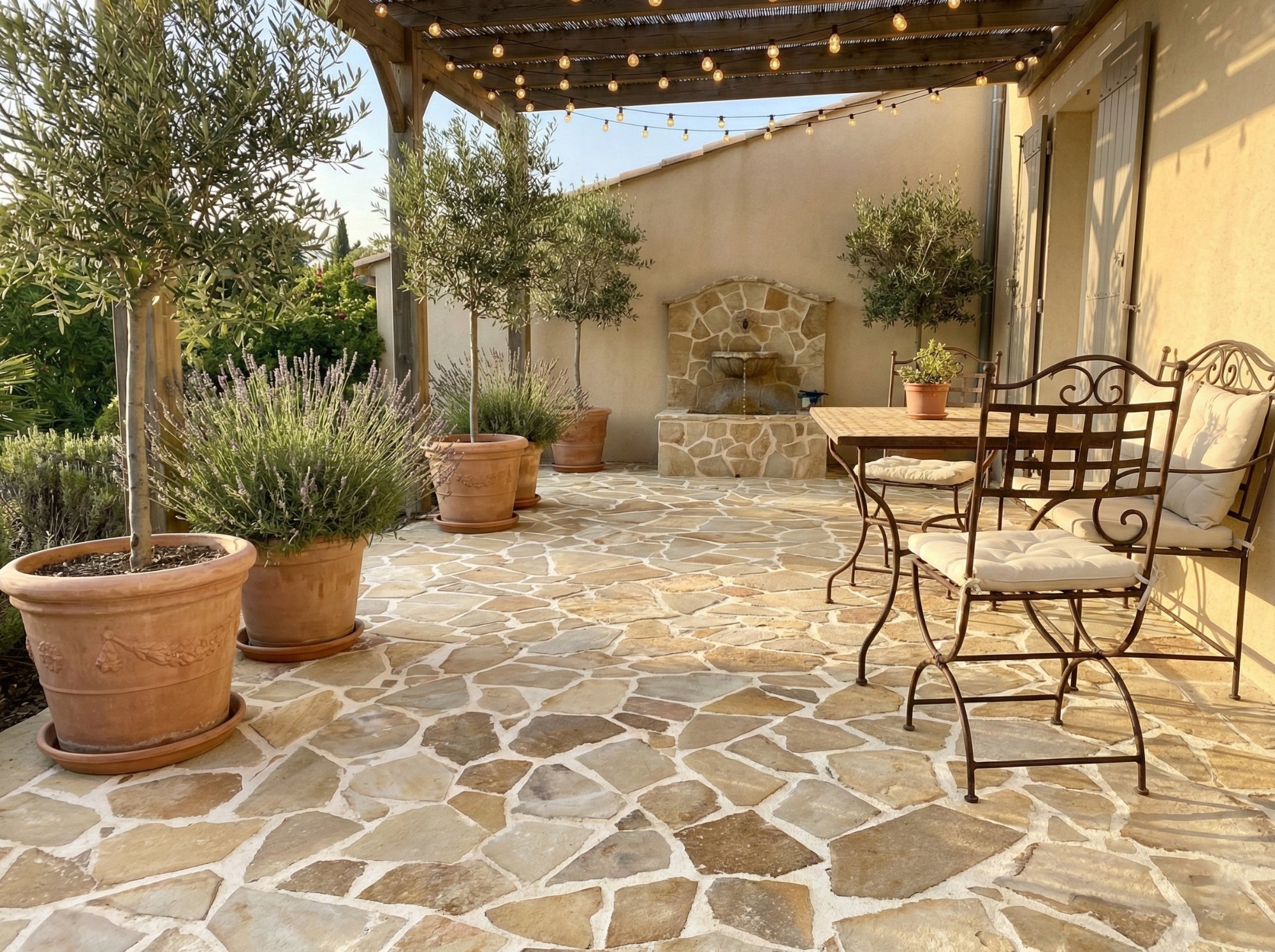 Terasă cu pergolă și piatră naturală