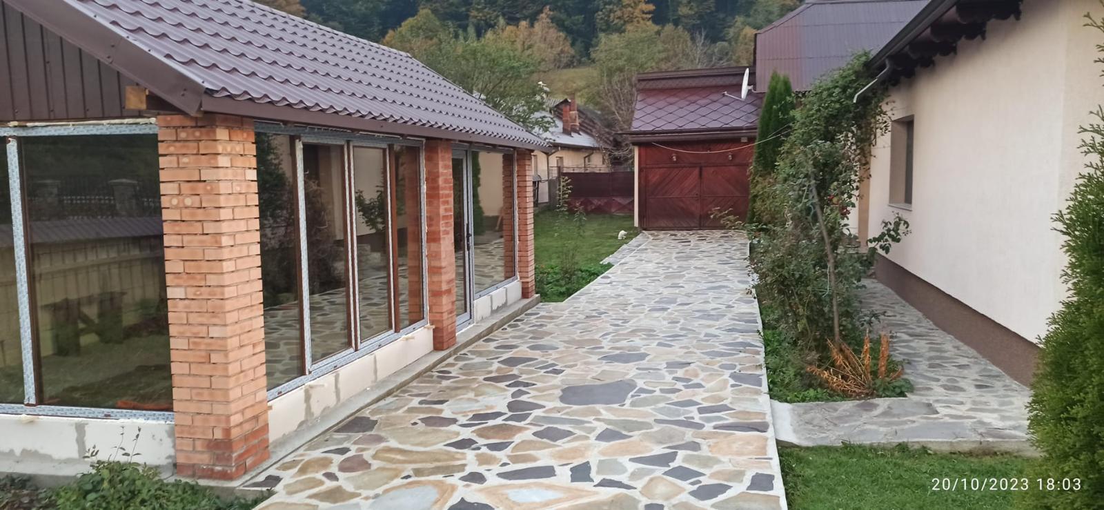 Panoramă alee și curte amenajată